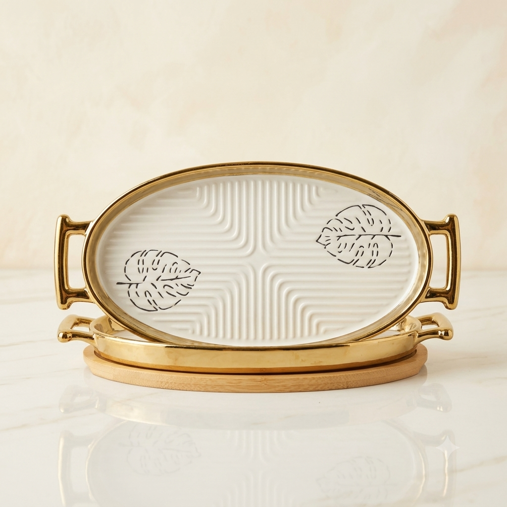 Elegant Oval Ceramic Serving Platter with Monstera Leaf Detail & Wooden Base (Silver Variant)