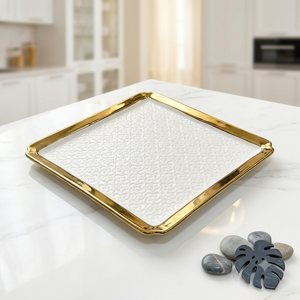 Premium Square Ceramic Serving Tray – Luxury Gold Trim & Textured Geometric Bed