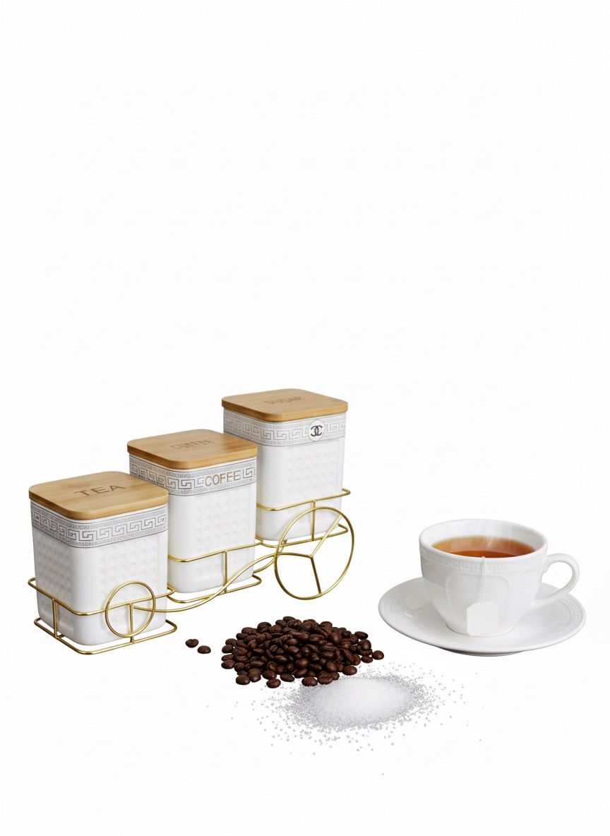 3-Piece Ceramic Tea, Coffee & Sugar Jar Set with Golden Rack