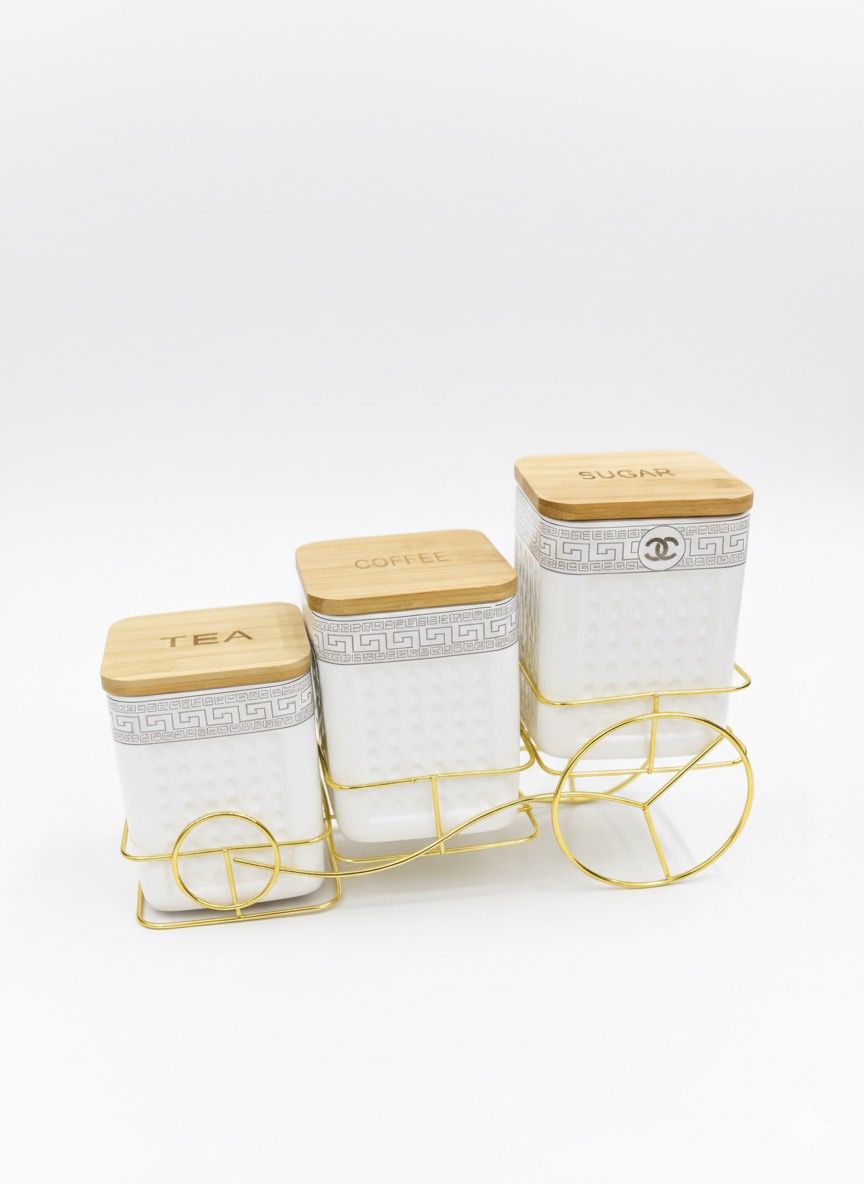 3-Piece Ceramic Tea, Coffee & Sugar Jar Set with Golden Rack