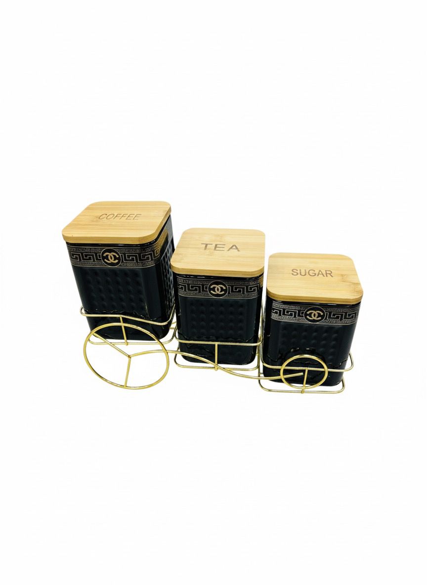 3-Piece Ceramic Tea, Coffee & Sugar Jar Set with Golden Rack