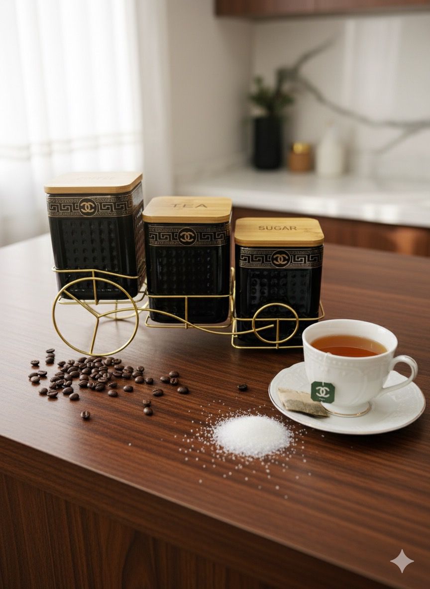 3-Piece Ceramic Tea, Coffee & Sugar Jar Set with Golden Rack