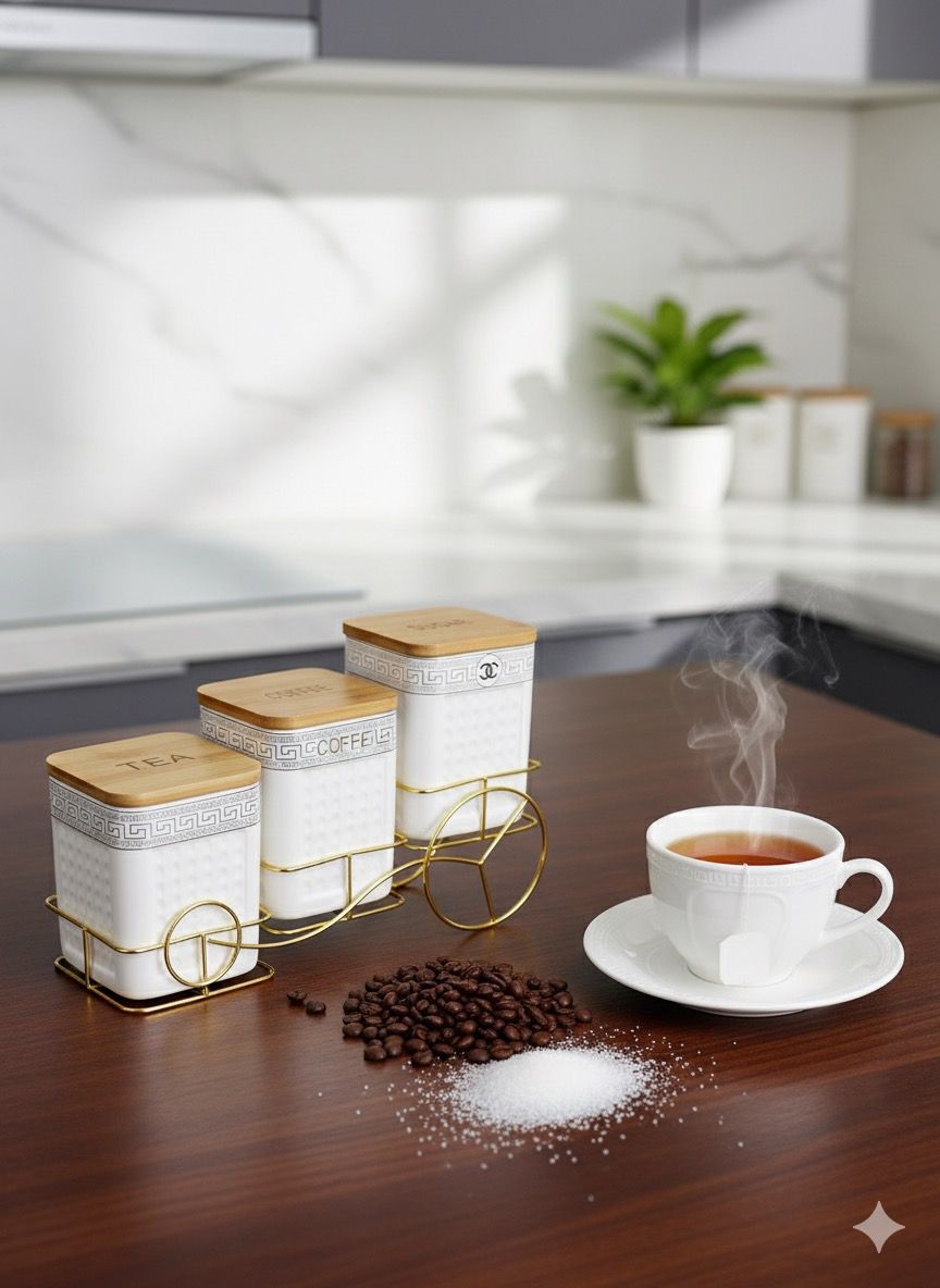 3-Piece Ceramic Tea, Coffee & Sugar Jar Set with Golden Rack