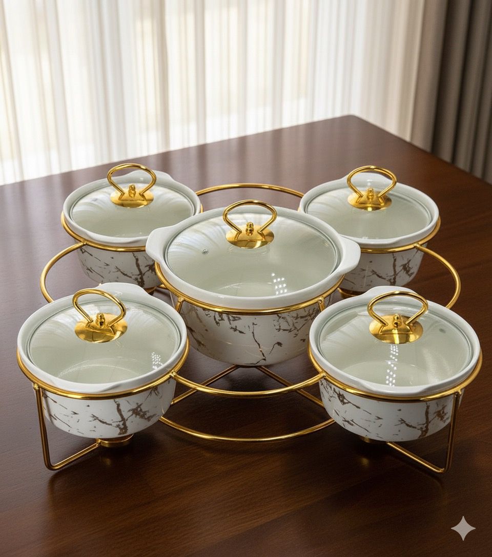5-Piece Luxury Marble Design Casserole Set with Golden Stand