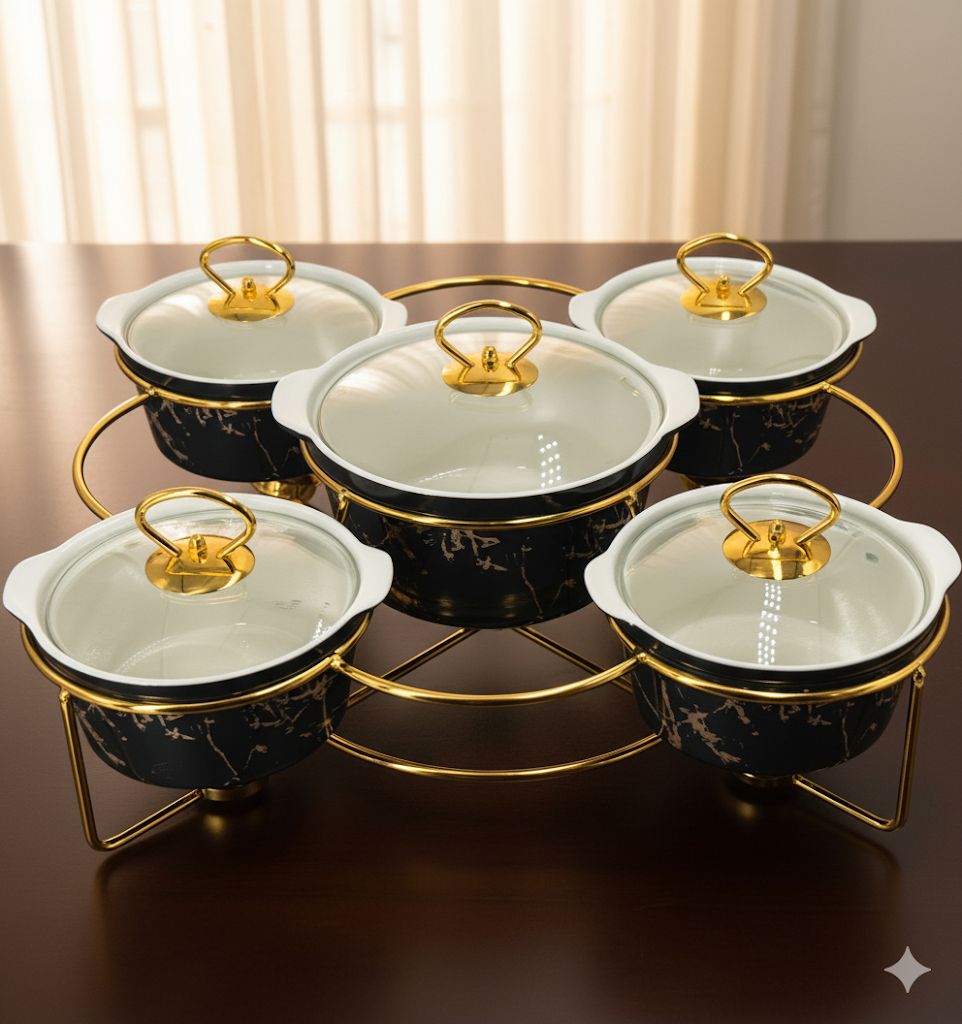 5-Piece Luxury Marble Design Casserole Set with Golden Stand