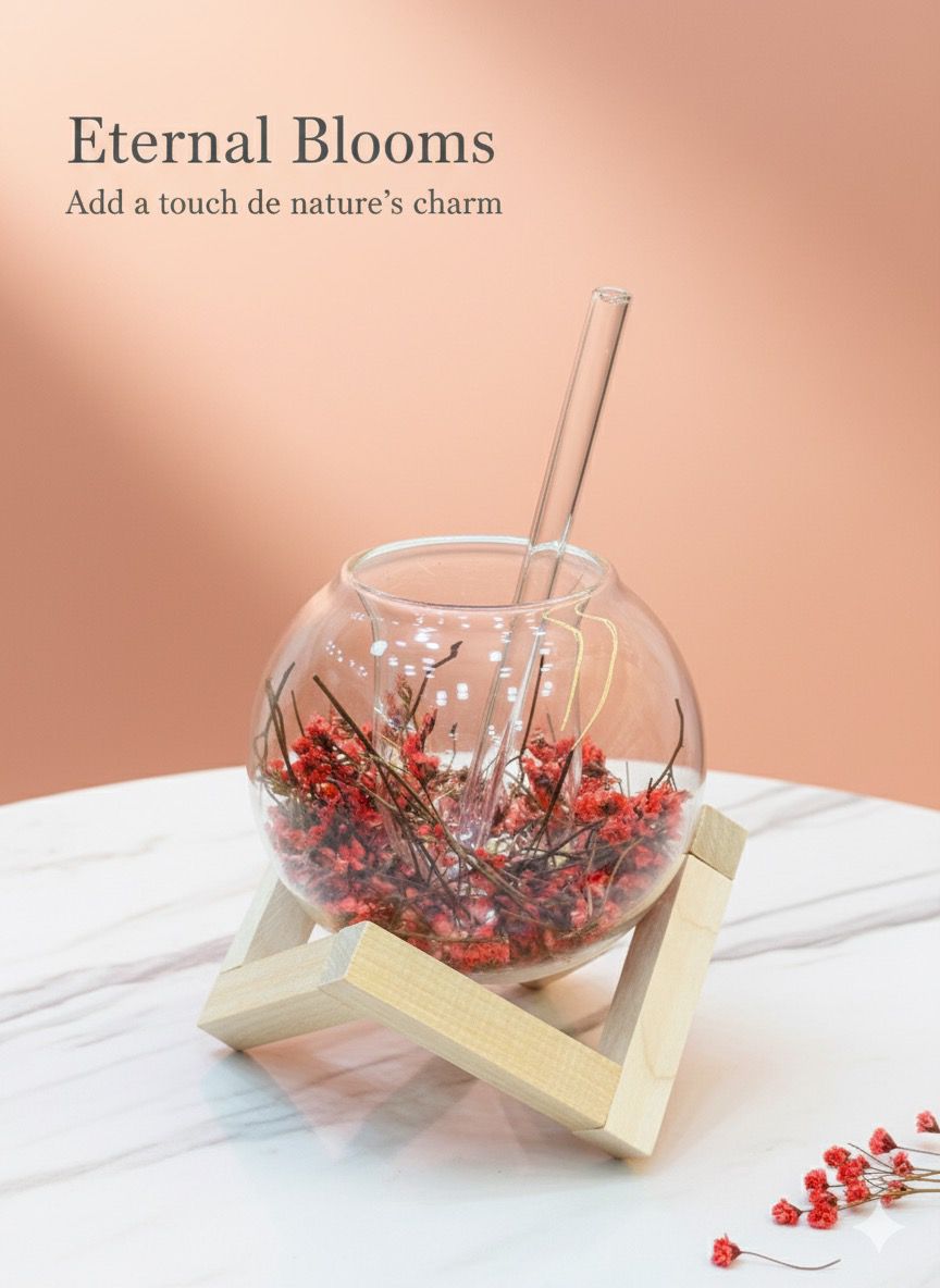 Preserved Red Floral Ornament with Wooden Stand | Elegant Handcrafted Home Décor Piece