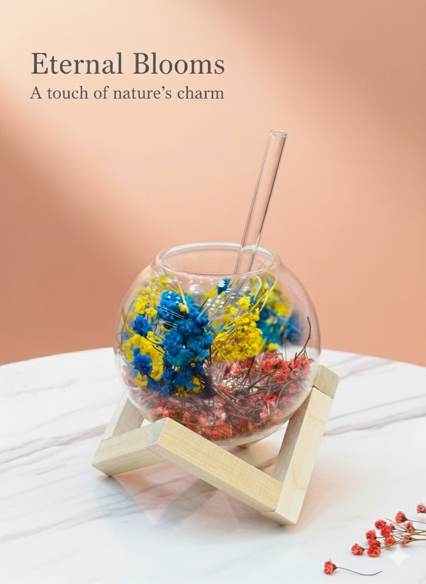 Preserved Yellow & Blue Floral Globe with Wooden Stand | Bright & Elegant Home Décor