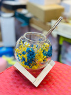 Preserved Yellow & Blue Floral Globe with Wooden Stand | Bright & Elegant Home Décor