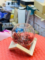 Preserved Red Floral Ornament with Wooden Stand | Elegant Handcrafted Home Décor Piece