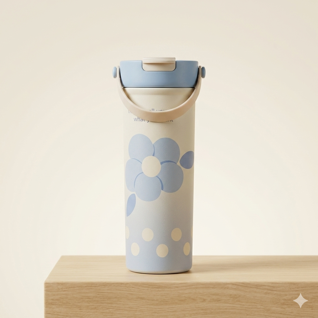 Kawaii Pastel Insulated Stainless Steel Thermos Flask with Flip-Top Lid & Handle