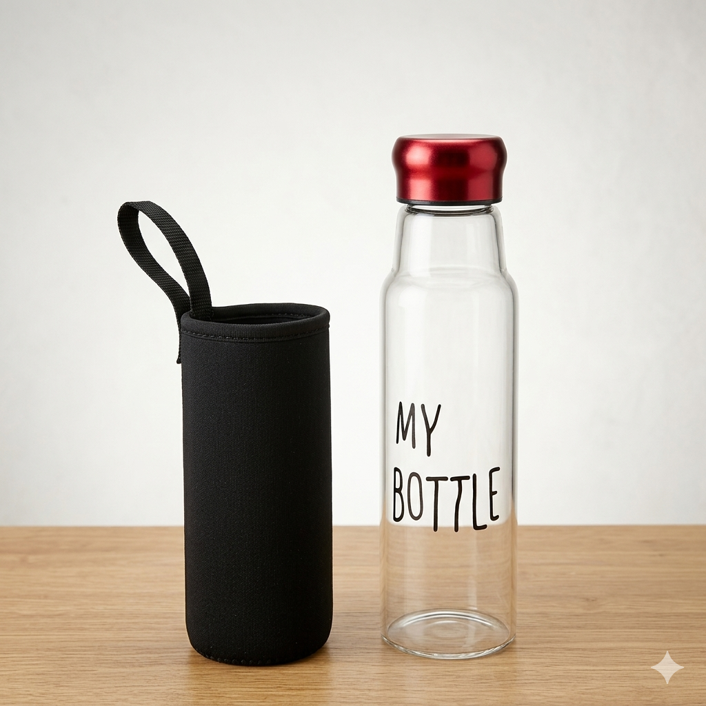 My Bottle" Transparent Borosilicate Glass Water Bottle with Protective Neoprene Sleeve - 500ml