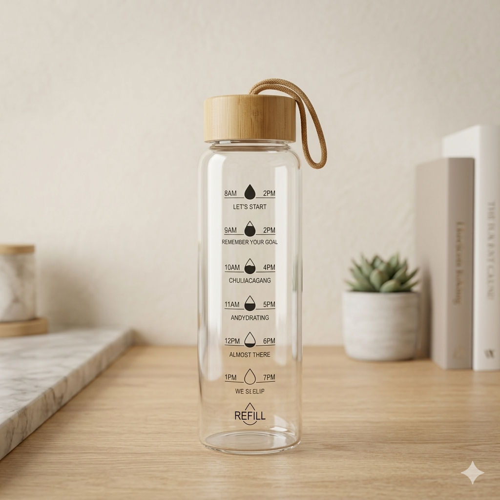 Motivational Glass Water Bottle with Hourly Time Markers & Eco-Friendly Bamboo Lid - 1200ml