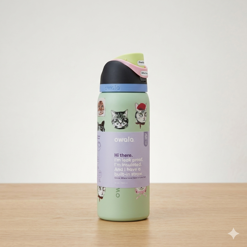 Owala FreeSip Insulated Stainless Steel Water Bottle (Cat Graphic Edition) – 32 oz / 946ml