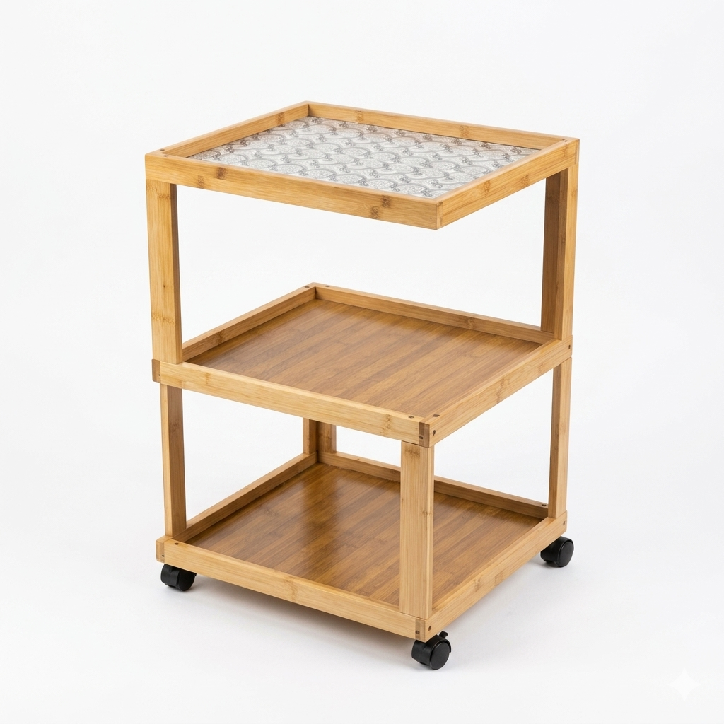 3-Tier Multi-Functional Eco-Friendly Bamboo Utility Cart with 360° Swivel Wheels & Patterned Top Shelf