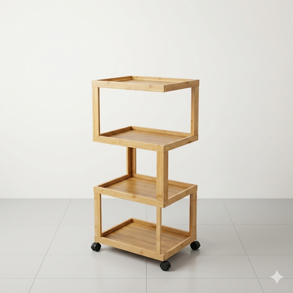 4-Tier Multi-Functional Eco-Friendly Bamboo Utility Cart with 360° Swivel Wheels & Extra Vertical Storage