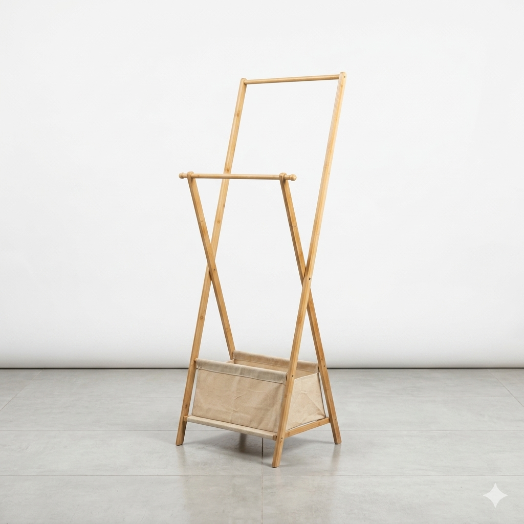 Minimalist Folding Bamboo Garment Rack with Dual Hanging Rails & Fabric Storage Basket