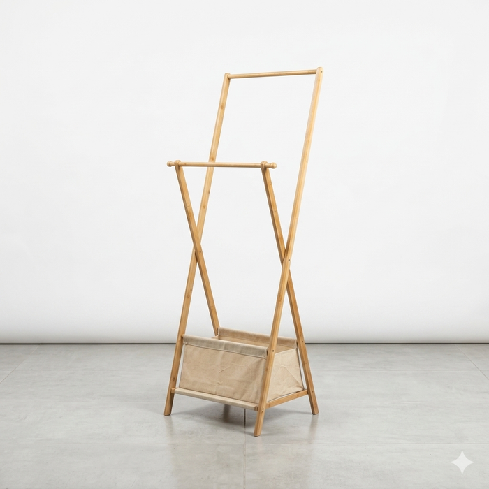 Minimalist Folding Bamboo Garment Rack with Dual Hanging Rails & Fabric Storage Basket
