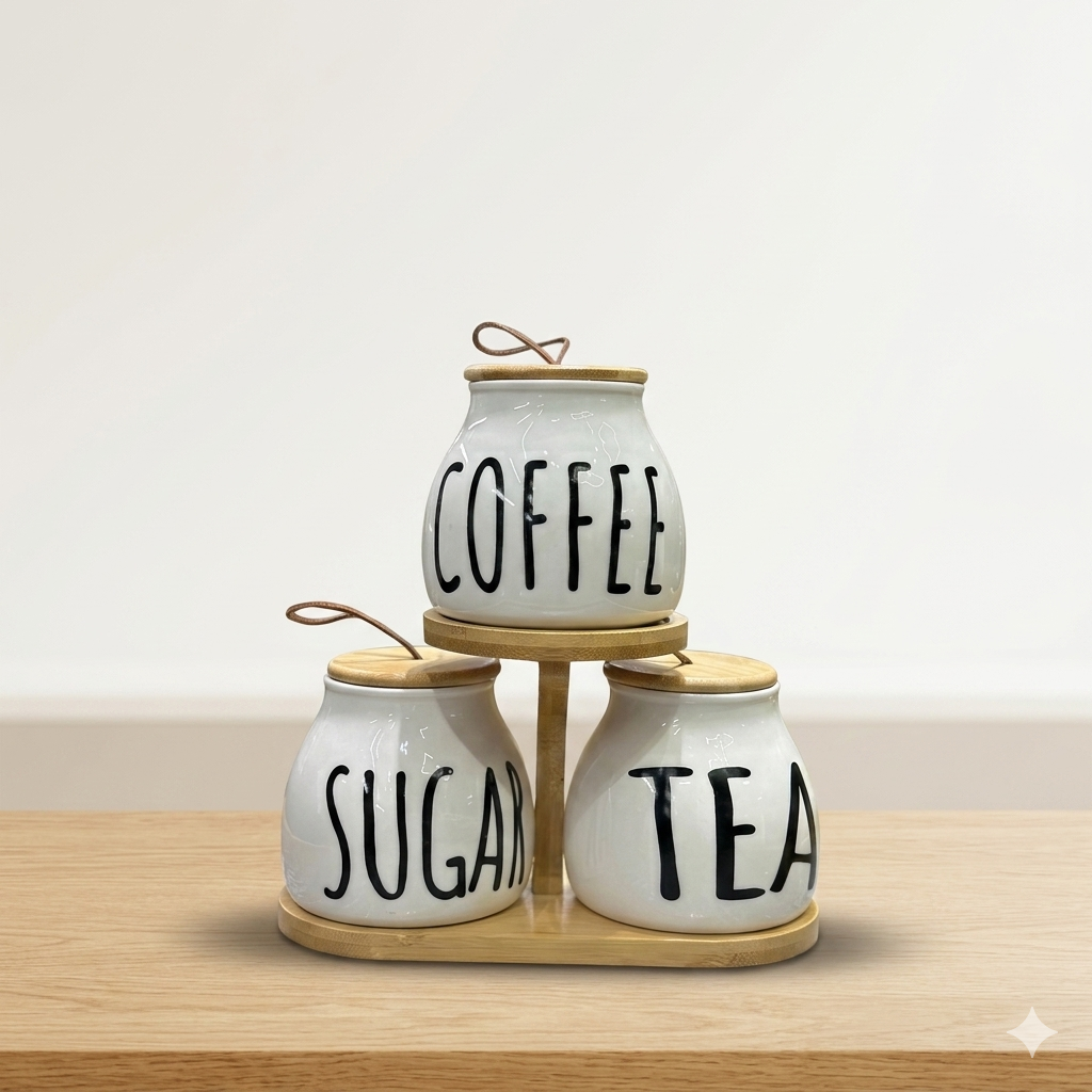 3-Piece Ceramic Coffee, Tea, and Sugar Canister Set with Wooden Lids and 2-Tier Bamboo Display Stand
