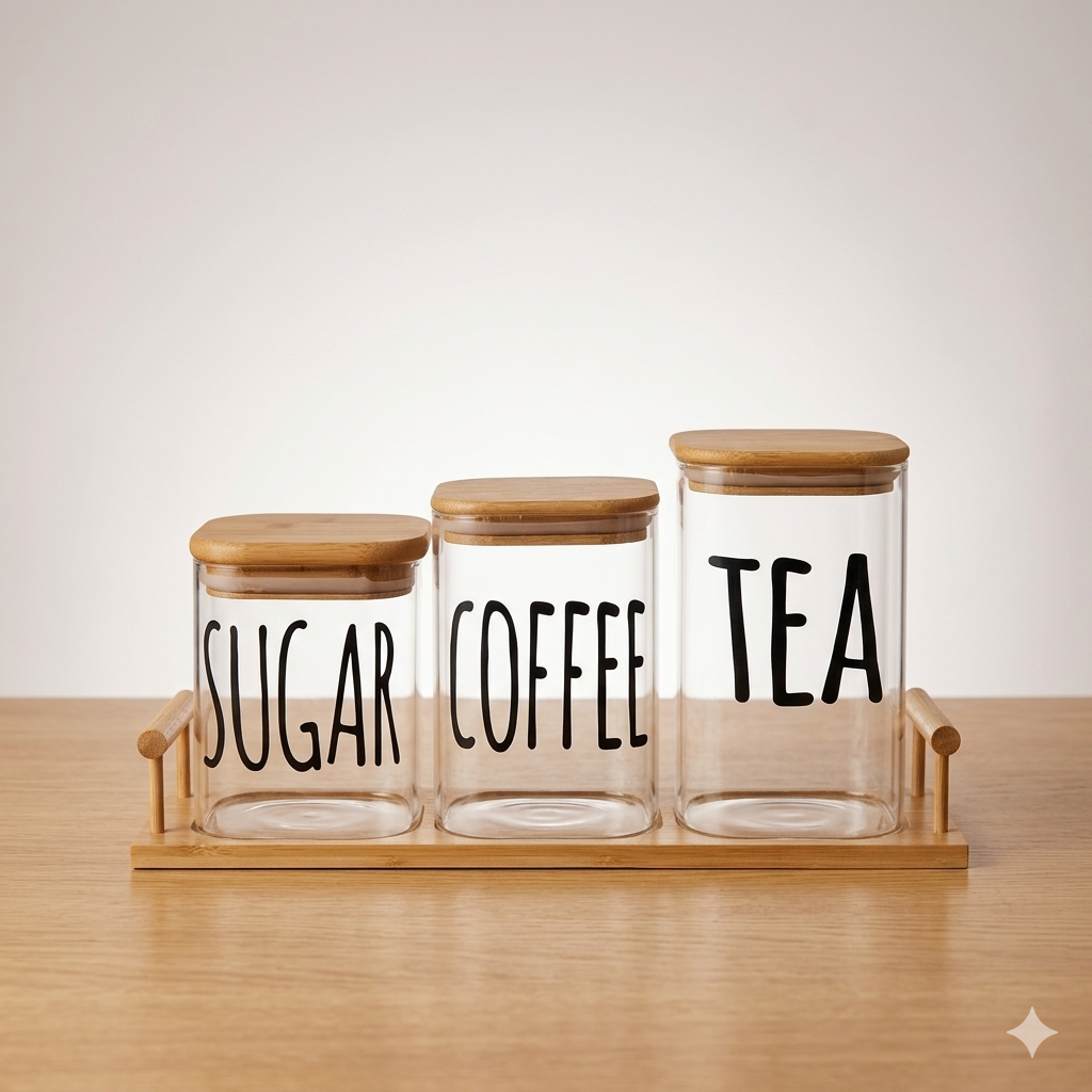 3-Piece Borosilicate Glass Tea, Coffee, and Sugar Canister Set with Airtight Bamboo Lids and Serving Tray