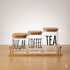 3-Piece Borosilicate Glass Tea, Coffee, and Sugar Canister Set with Airtight Bamboo Lids and Serving Tray