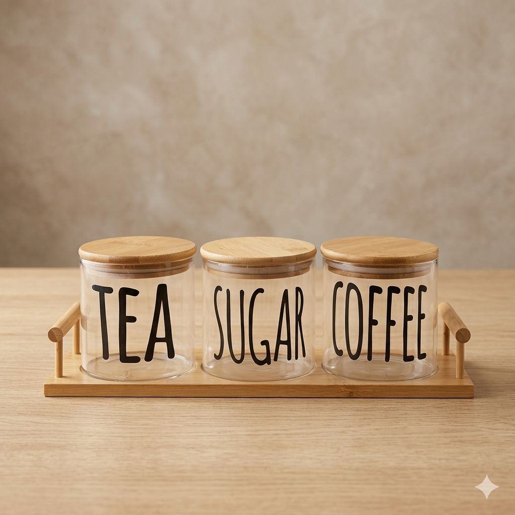 3-Piece Borosilicate Glass Tea, Coffee, and Sugar Canister Set with Airtight Bamboo Lids and Serving Tray
