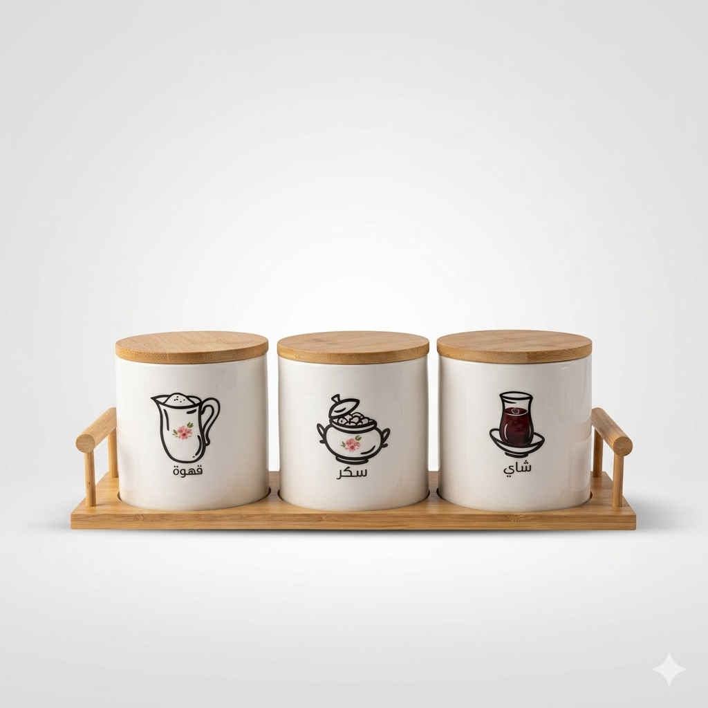 3-Piece Arabic Ceramic Coffee, Tea, and Sugar Canister Set with Bamboo Lids and Serving Tray (Traditional Illustration Edition)