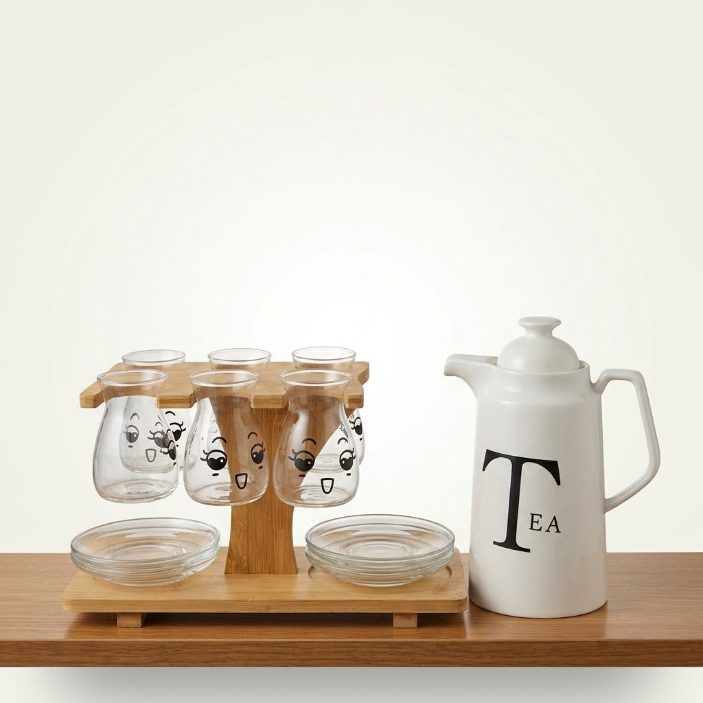 15-Piece Turkish Style Glass Tea Set with Premium Ceramic Teapot and Tered Bamboo Organizer Stand