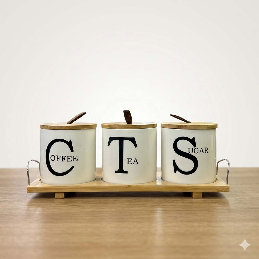 3-Piece Monogram Ceramic Coffee, Tea, and Sugar Canister Set with Bamboo Lids and Metal-Handle Tray