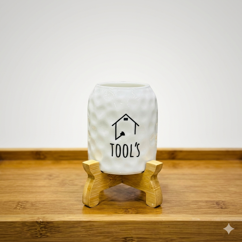 Modern Dimpled White Ceramic Kitchen Tool Holder and Utensil Organizer with Elevated Wooden Cross-Stand