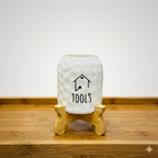 Modern Dimpled White Ceramic Kitchen Tool Holder and Utensil Organizer with Elevated Wooden Cross-Stand