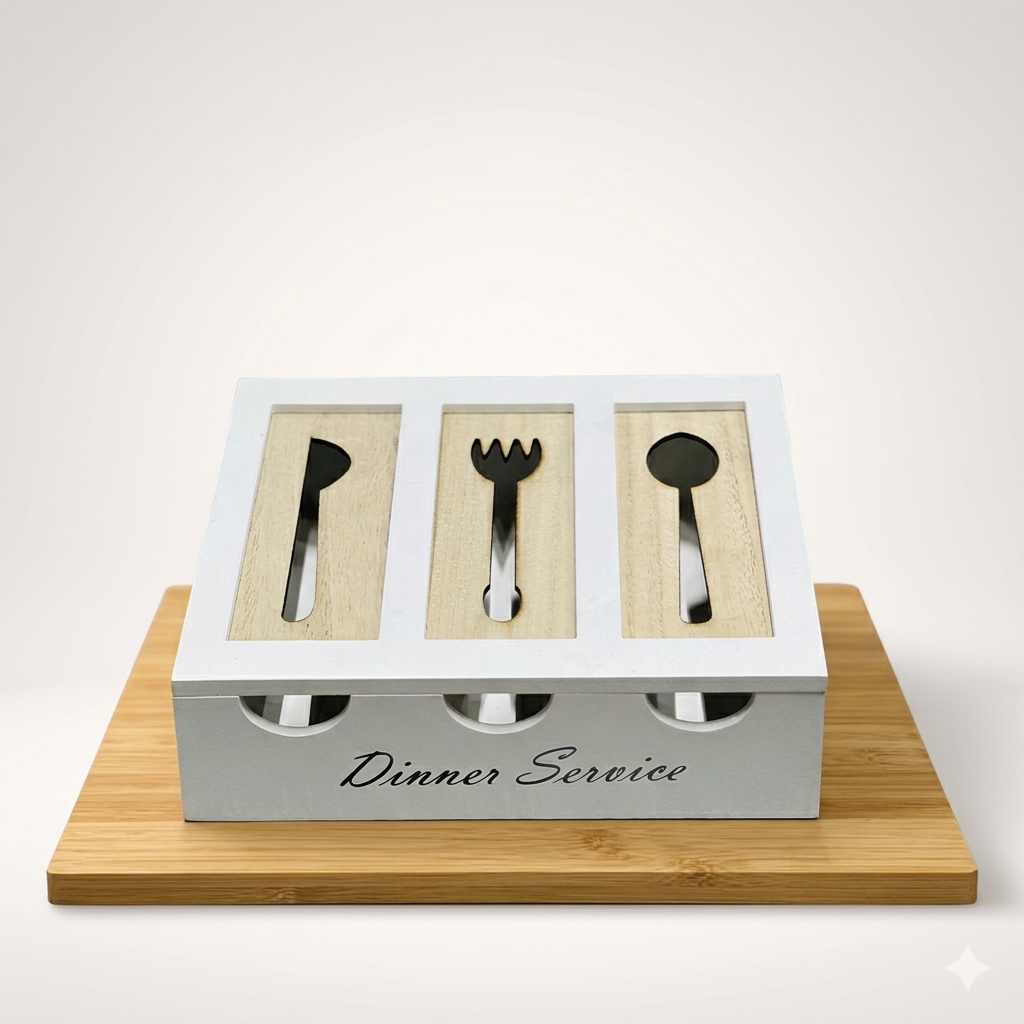 Vintage Style White Wooden Cutlery Caddy with Stenciled Windows and "Dinner Service" Script
