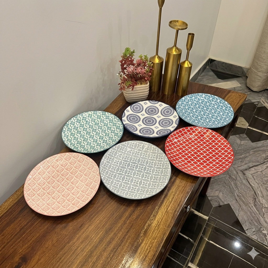 Danny Home 10.5-Inch Premium Ceramic Rice Plate – Royal Blue Mandala Patterned Stoneware Dinner Plate for Main Course and Serving 6pcs Set