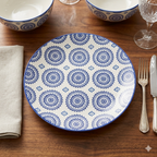 Danny Home 10.5-Inch Premium Ceramic Rice Plate – Royal Blue Mandala Patterned Stoneware Dinner Plate for Main Course and Serving 6pcs Set
