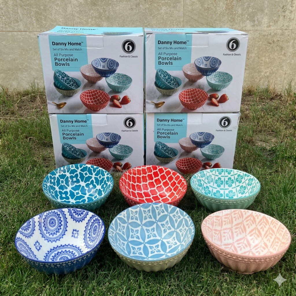Danny Home All-Purpose Medium Porcelain Bowls – 6-Piece Mix-and-Match Patterned Ceramic Bowl Set for Soup, Cereal, Snacks, and Dessert Set of 6pcs