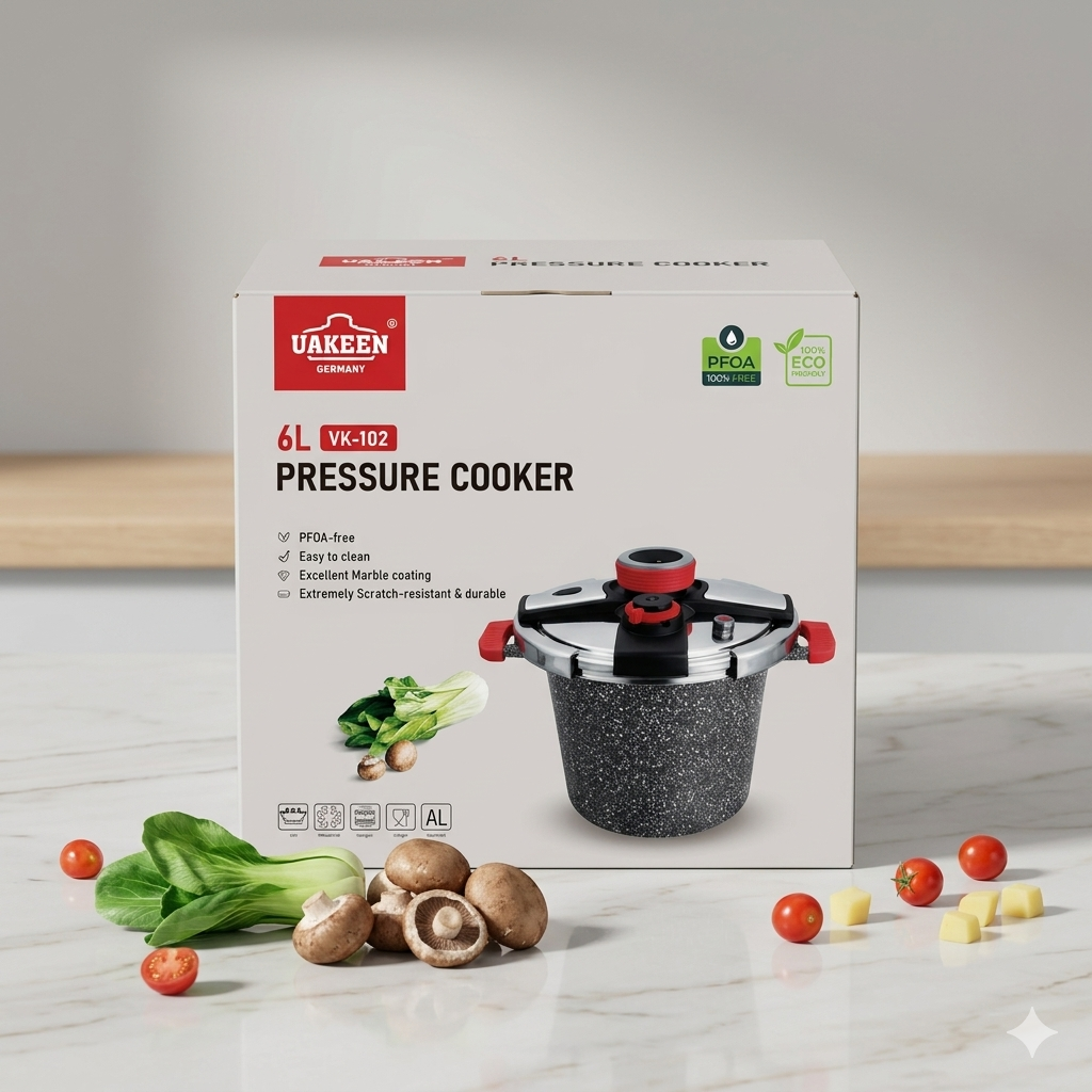 Uakeen Germany 6L Premium Granite Marble Coated Pressure Cooker (Model: VK-102) – Non-Stick Induction Base Die-Cast Aluminum Pressure Cooker with Multi-Lock Safety Lid
