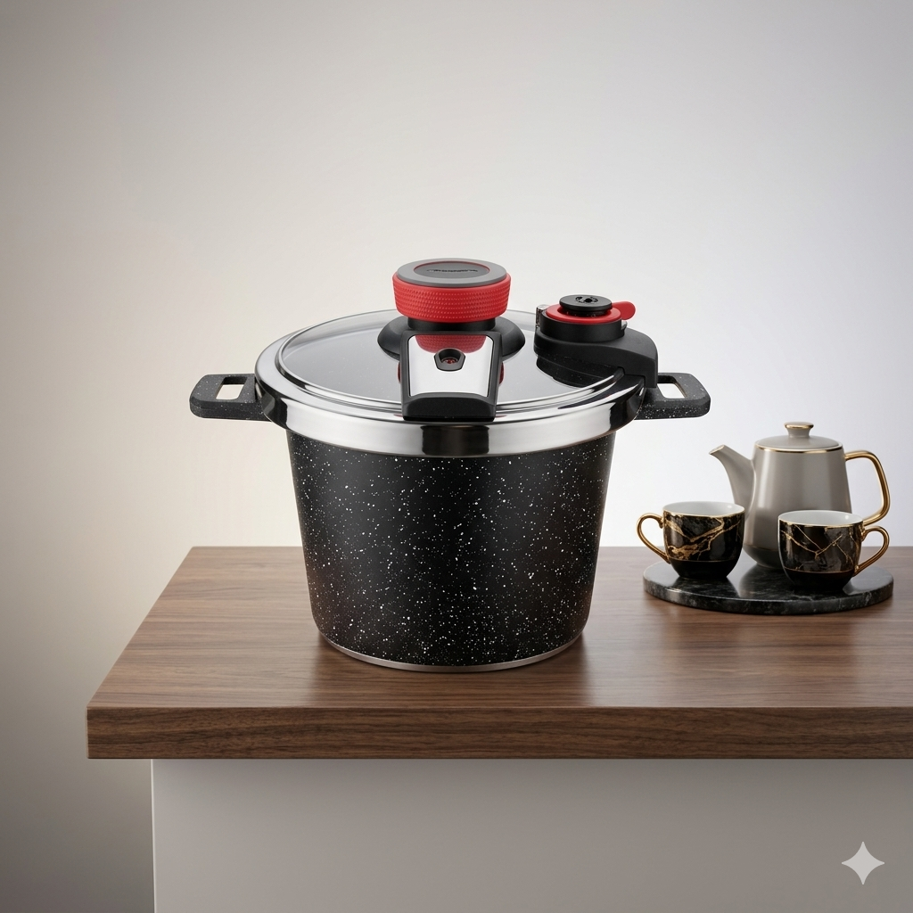 Uakeen Germany 6L Premium Granite Marble Coated Pressure Cooker (Model: VK-102) – Non-Stick Induction Base Die-Cast Aluminum Pressure Cooker with Multi-Lock Safety Lid