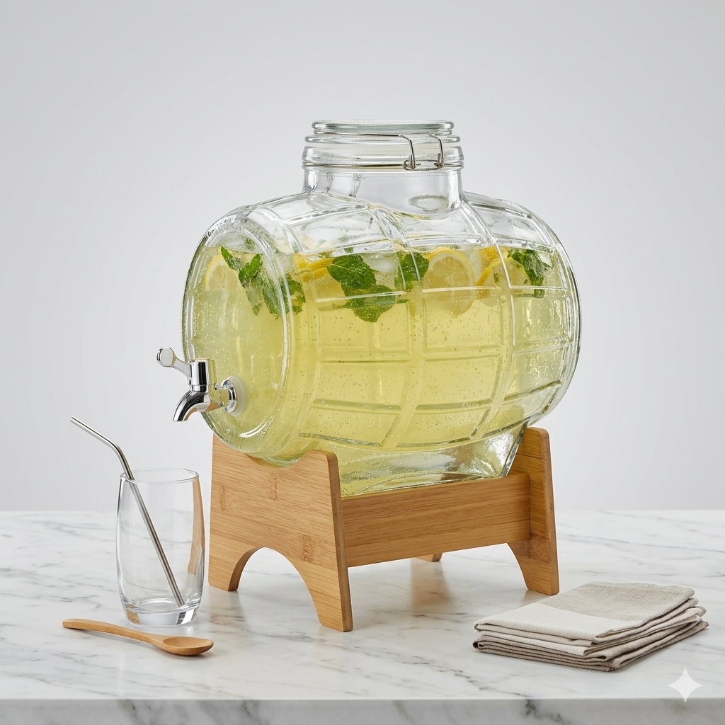 Barrel Beverage Dispenser with Tap and Elevated Bamboo Stand