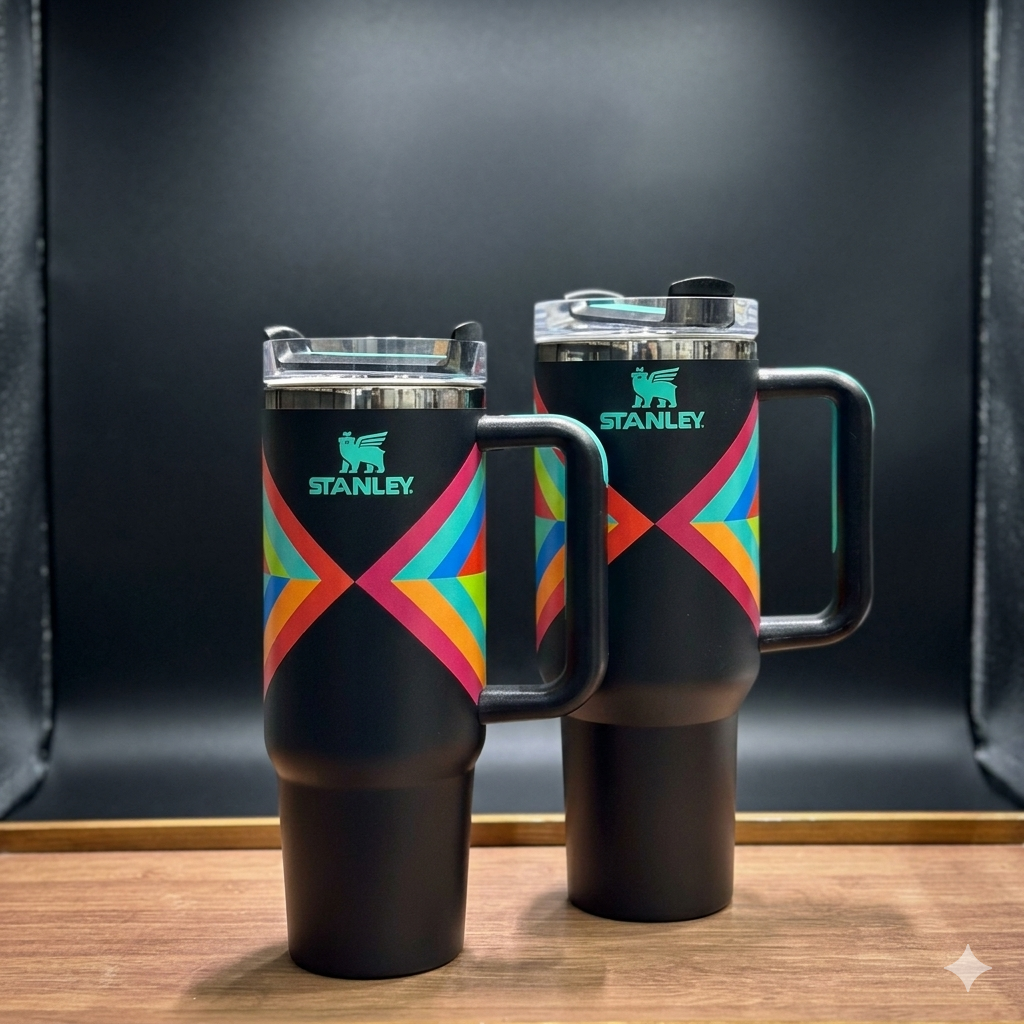 Stanley Quencher H2.0 FlowState Tumbler Set – Retro Geometric Blue Travel Mug Combination Pack (30oz & 40oz) with Comfort Grip Handle and Straw
