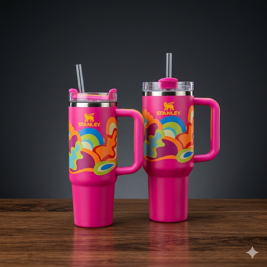Stanley Quencher H2.0 FlowState Tumbler Set – Retro Geometric Blue Travel Mug Combination Pack (30oz & 40oz) with Comfort Grip Handle and Straw