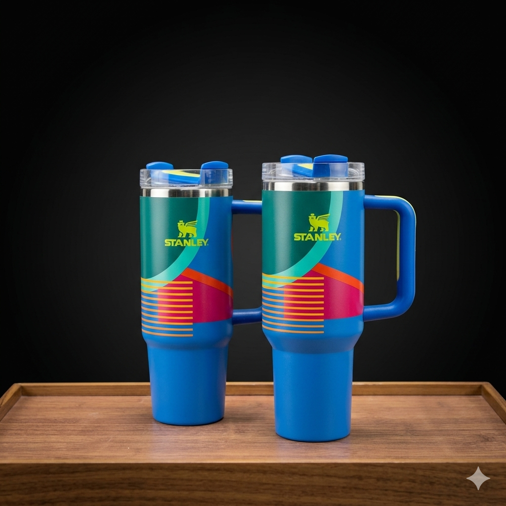 Stanley Quencher H2.0 FlowState Tumbler Set – Retro Geometric Blue Travel Mug Combination Pack (30oz & 40oz) with Comfort Grip Handle and Straw