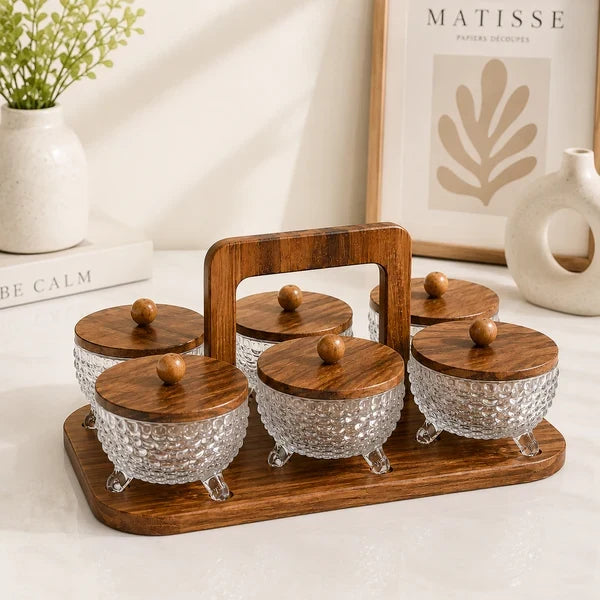 Fruit Serving Set With Wooden Stand – 6 Pieces