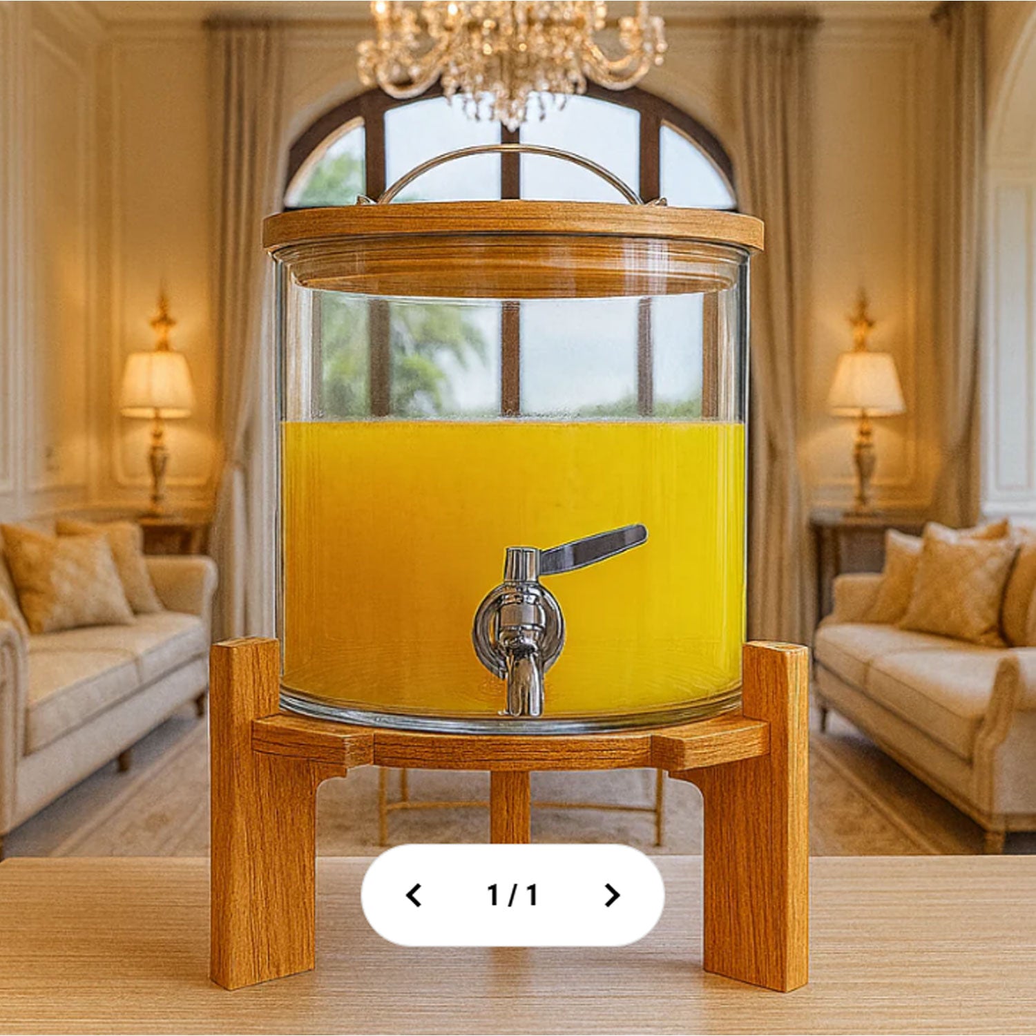 LUXURY GLASS BEVERAGE DISPENSER WITH WOODEN STAND