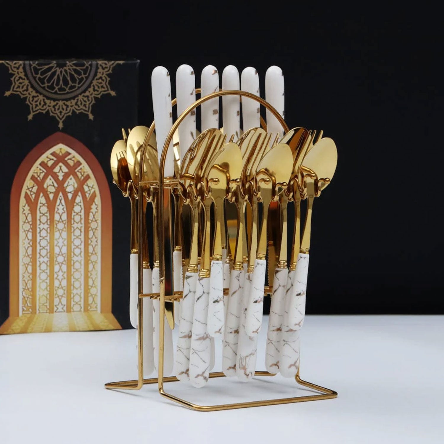 White Marbline Golden Cutlery Set 25 Pcs