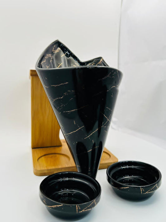 Black Marble Acrylic Container Set with Wooden Stand