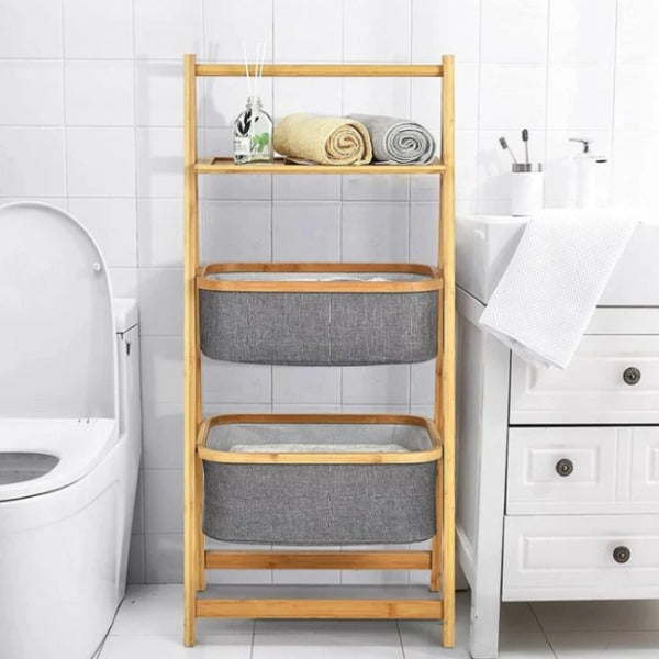 A frame laundry hamper with shelf natural