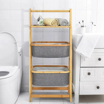 A frame laundry hamper with shelf natural