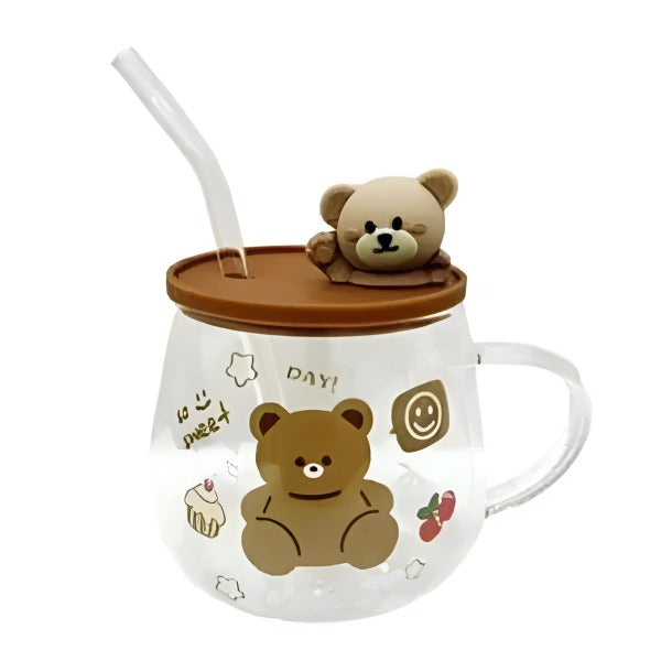 Bear Mug Transparent Glass Mug Lid & Glass Straw