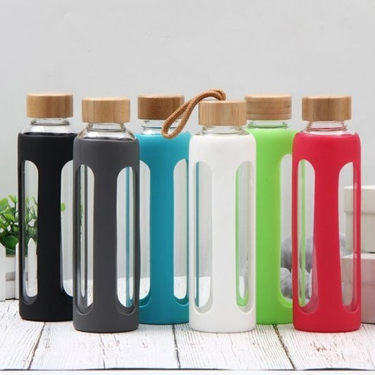 Glass sports water bottle with silicon sleeve