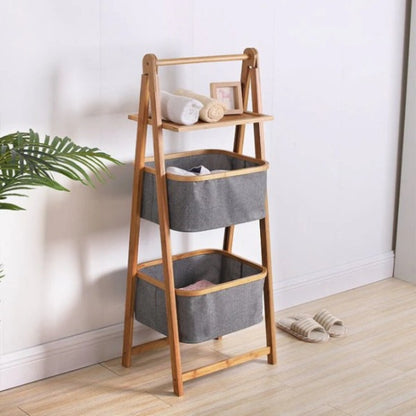 A frame laundry hamper with shelf natural