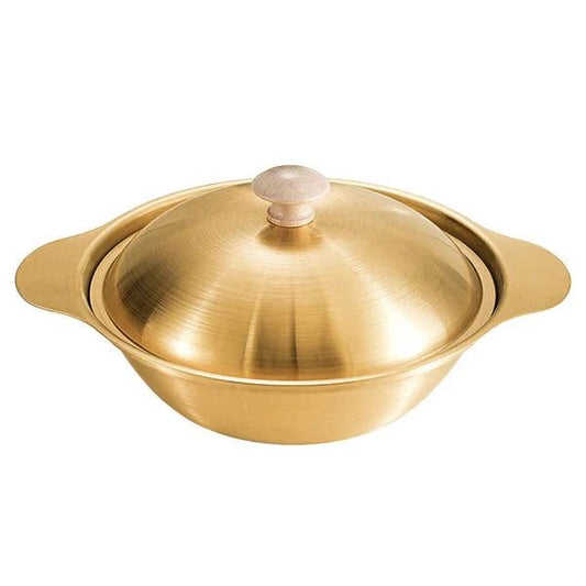 Golden cooking wok with wooden knob